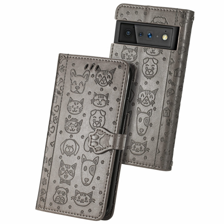Custodia in pelle per telefono a conchiglia orizzontale goffrata gatto e cane con supporto, slot per schede, portafoglio e cordino, For Google Pixel 6