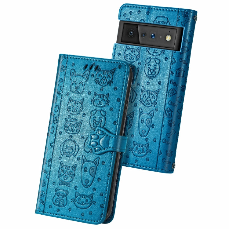 Custodia in pelle per telefono a conchiglia orizzontale goffrata gatto e cane con supporto, slot per schede, portafoglio e cordino, For Google Pixel 6