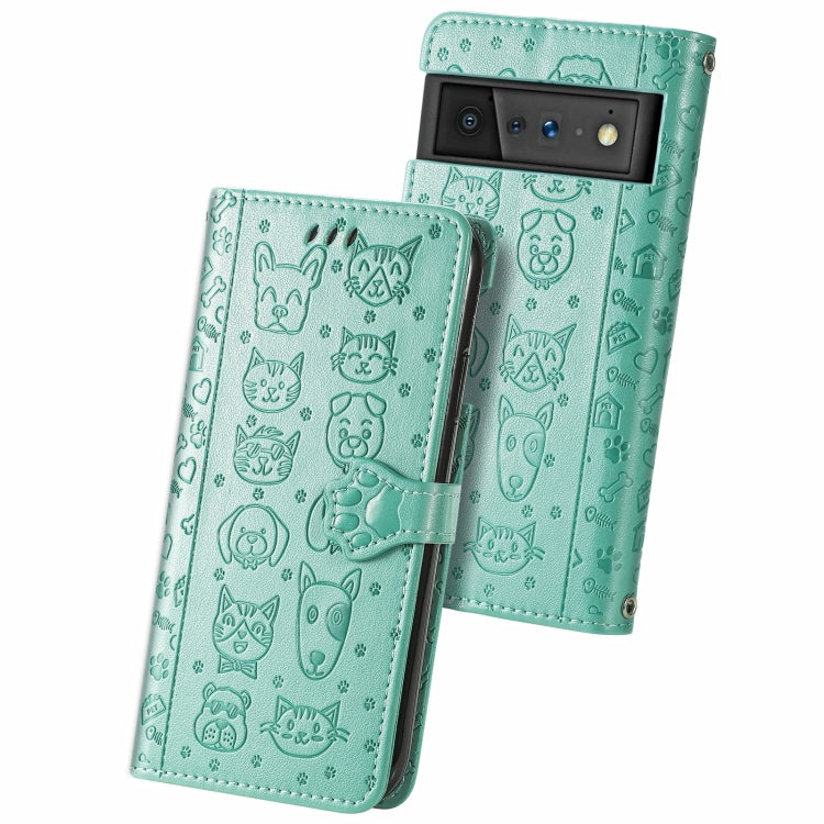 Custodia in pelle per telefono a conchiglia orizzontale goffrata gatto e cane con supporto, slot per schede, portafoglio e cordino, For Google Pixel 6