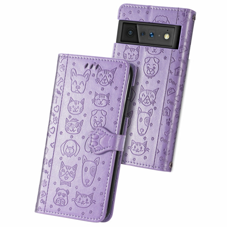 Custodia in pelle per telefono a conchiglia orizzontale goffrata gatto e cane con supporto, slot per schede, portafoglio e cordino, For Google Pixel 6