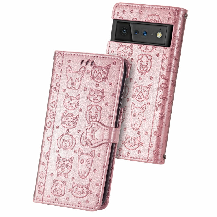 Custodia in pelle per telefono a conchiglia orizzontale goffrata gatto e cane con supporto, slot per schede, portafoglio e cordino, For Google Pixel 6