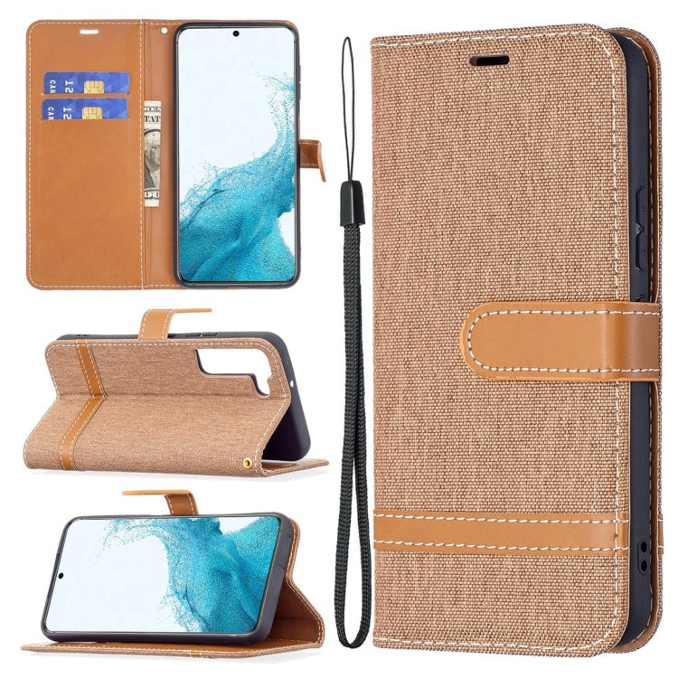Custodia in pelle color denim abbinata con supporto e slot per carte, portafoglio e cordino, For Samsung Galaxy S22+ 5G, For Samsung Galaxy S22 5G