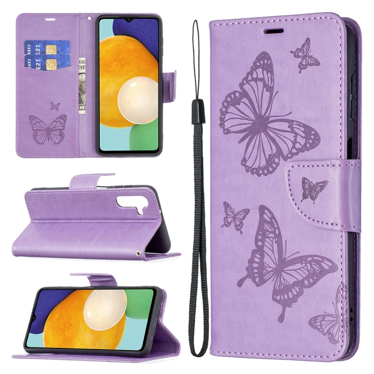Custodia per telefono in pelle con motivo a due farfalle in rilievo con supporto e slot per schede, portafoglio e cordino, For Samsung Galaxy A13 5G, For Samsung Galaxy S22 Ultra 5G, For Samsung Galaxy S22+ 5G, For Samsung Galaxy S22 5G