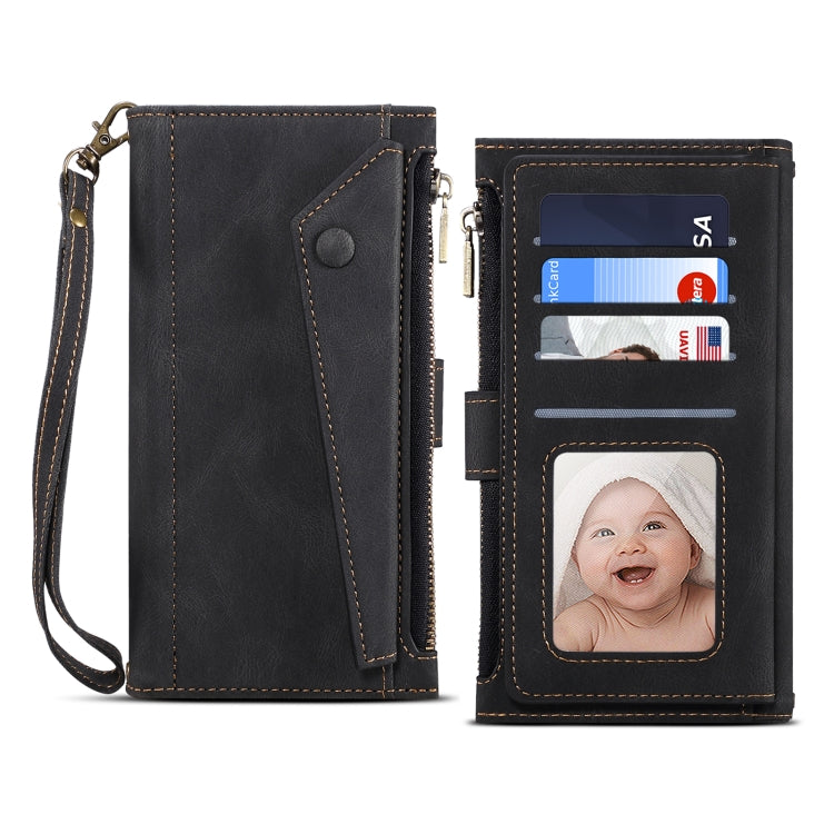 Custodia per telefono in pelle smerigliata retrò con supporto, slot per schede, portafoglio, tasca con cerniera e cordino, For Google Pixel 6, For Google Pixel 6 Pro