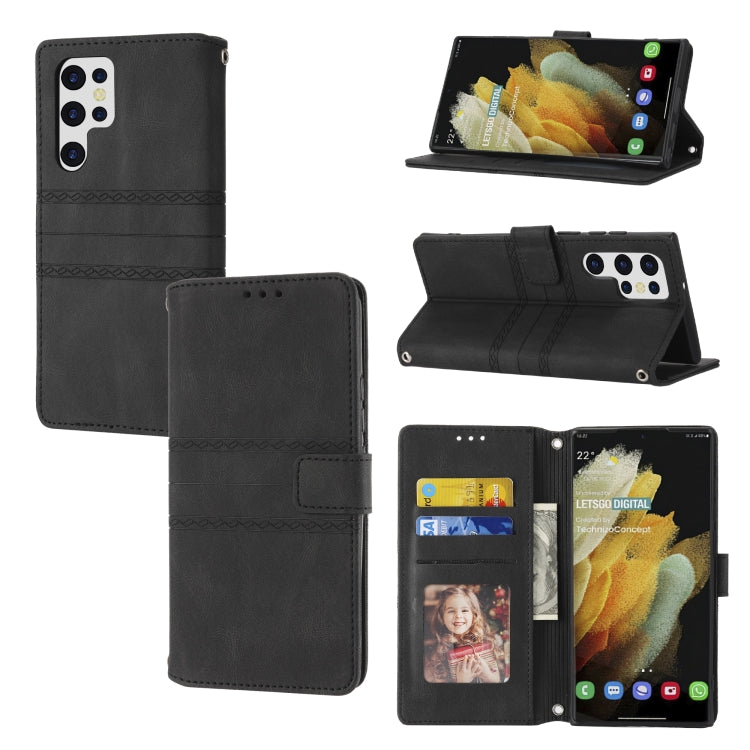 Custodia in pelle per telefono a conchiglia orizzontale con fibbia magnetica a righe in rilievo, For Samaung Galaxy S22 Ultra 5G