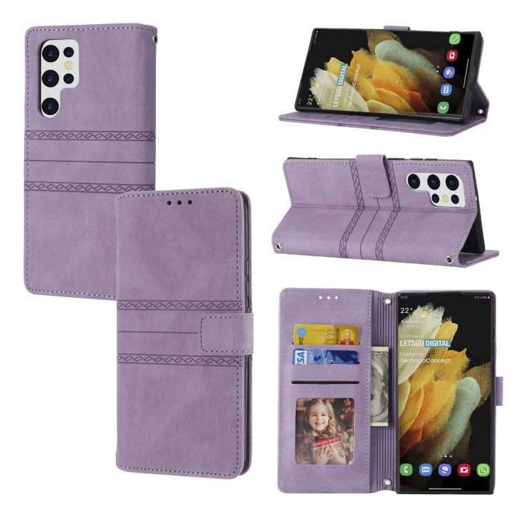 Custodia in pelle per telefono a conchiglia orizzontale con fibbia magnetica a righe in rilievo, For Samaung Galaxy S22 Ultra 5G