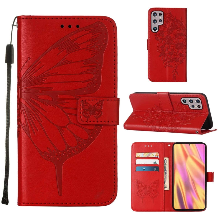 Custodia per telefono in pelle con farfalla goffrata con supporto e slot per schede, portafoglio e cordino, For Samsung Galaxy S22+ 5G, For Samsung Galaxy S22 Ultra 5G, For Xiaomi Mi 11T 5G / 11T Pro 5G