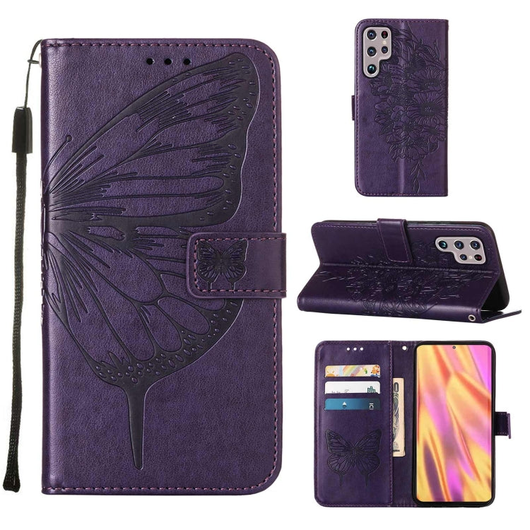 Custodia per telefono in pelle con farfalla goffrata con supporto e slot per schede, portafoglio e cordino, For Samsung Galaxy S22+ 5G, For Samsung Galaxy S22 Ultra 5G, For Xiaomi Mi 11T 5G / 11T Pro 5G