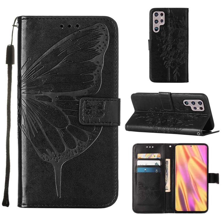 Custodia per telefono in pelle con farfalla goffrata con supporto e slot per schede, portafoglio e cordino, For Samsung Galaxy S22+ 5G, For Samsung Galaxy S22 Ultra 5G, For Xiaomi Mi 11T 5G / 11T Pro 5G
