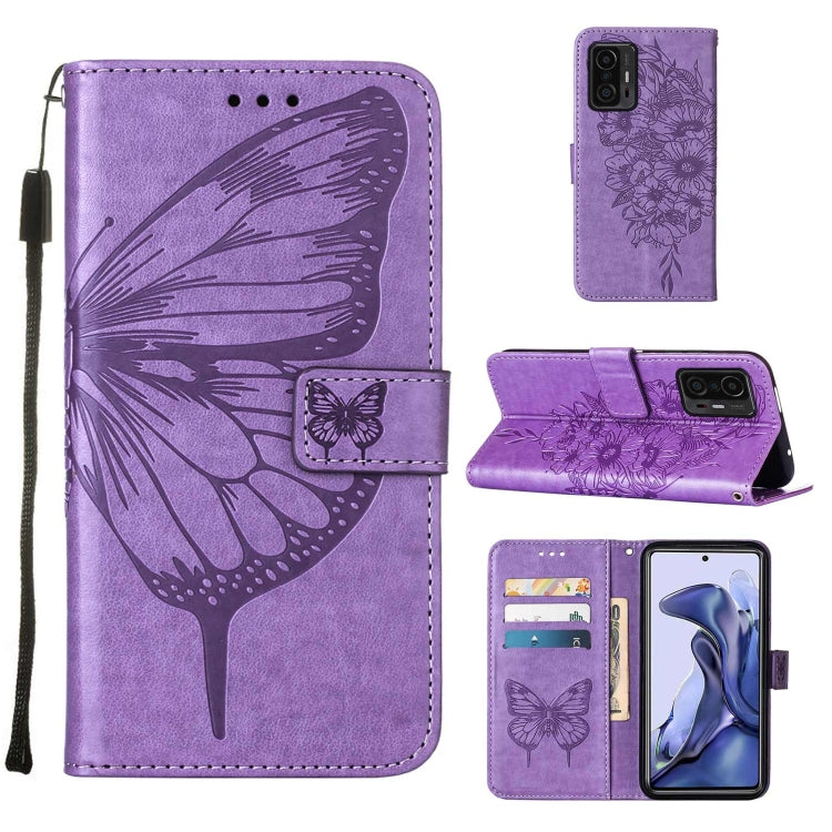 Custodia per telefono in pelle con farfalla goffrata con supporto e slot per schede, portafoglio e cordino, For Samsung Galaxy S22+ 5G, For Samsung Galaxy S22 Ultra 5G, For Xiaomi Mi 11T 5G / 11T Pro 5G