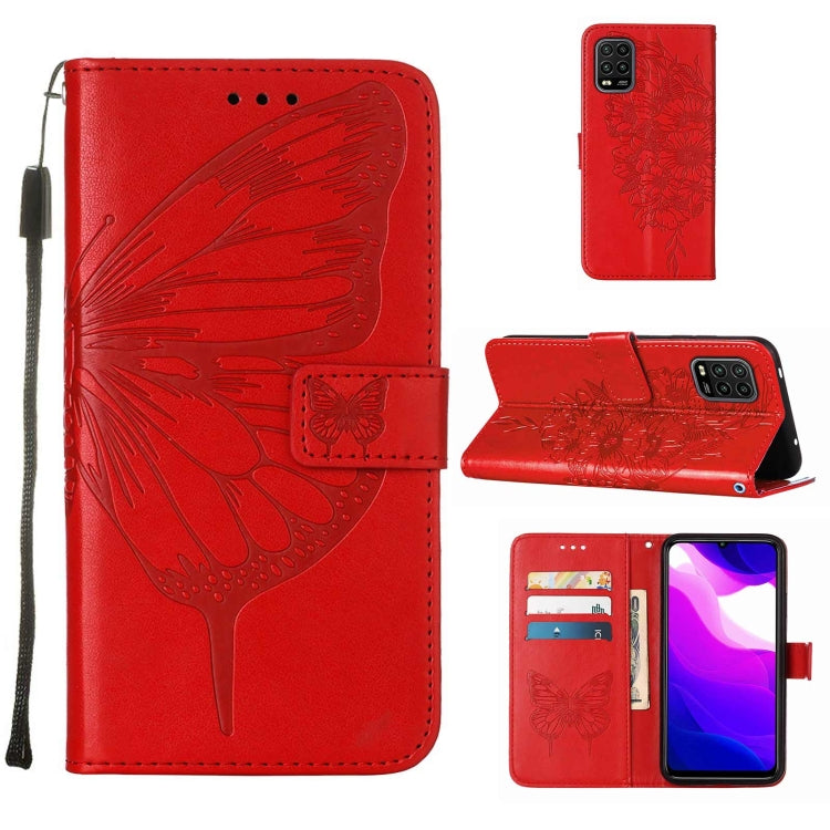 Custodia per telefono in pelle con farfalla goffrata con supporto e slot per schede, portafoglio e cordino, For Xiaomi Mi 10 5G / 10 Pro 5G