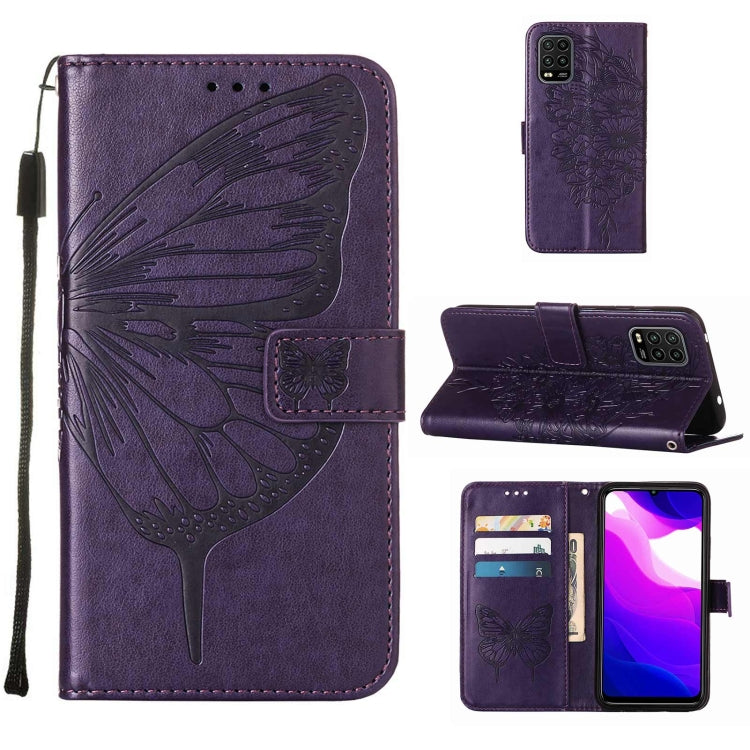 Custodia per telefono in pelle con farfalla goffrata con supporto e slot per schede, portafoglio e cordino, For Xiaomi Mi 10 5G / 10 Pro 5G