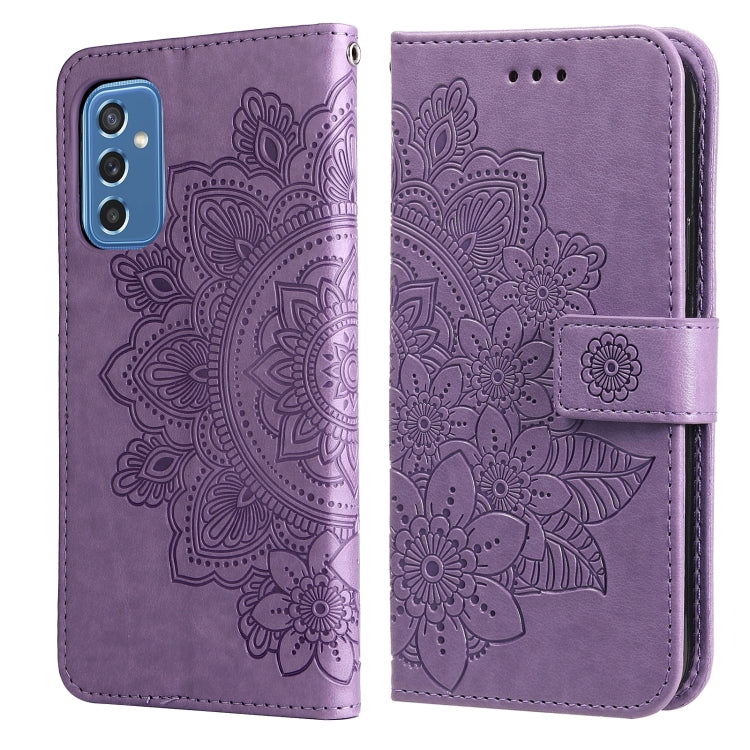 Custodia per telefono in pelle con flip in rilievo con fiori a 7 petali con supporto e slot per schede, For OPPO Reno6 4G, For Samsung Galaxy M52 5G, For Samsung Galaxy S22 5G, For Samsung Galaxy S22+ 5G