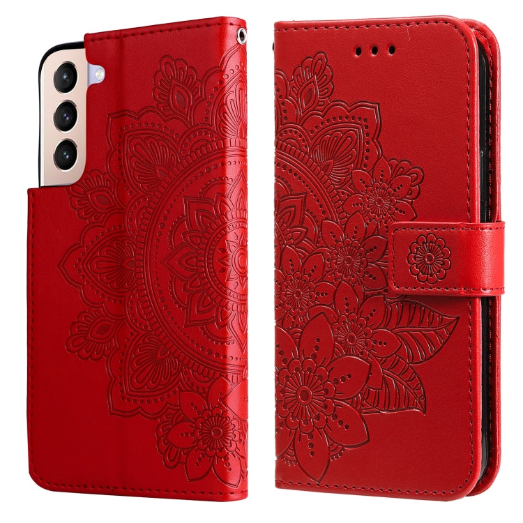 Custodia per telefono in pelle con flip in rilievo con fiori a 7 petali con supporto e slot per schede, For OPPO Reno6 4G, For Samsung Galaxy M52 5G, For Samsung Galaxy S22 5G, For Samsung Galaxy S22+ 5G