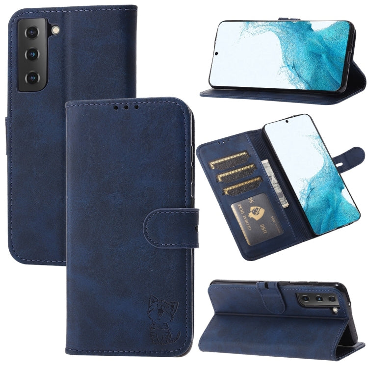 Custodia per cellulare in pelle a conchiglia orizzontale con motivo Happy Cat goffrato, For Samsung Galaxy S22 5G, For Samsung Galaxy S22+ 5G