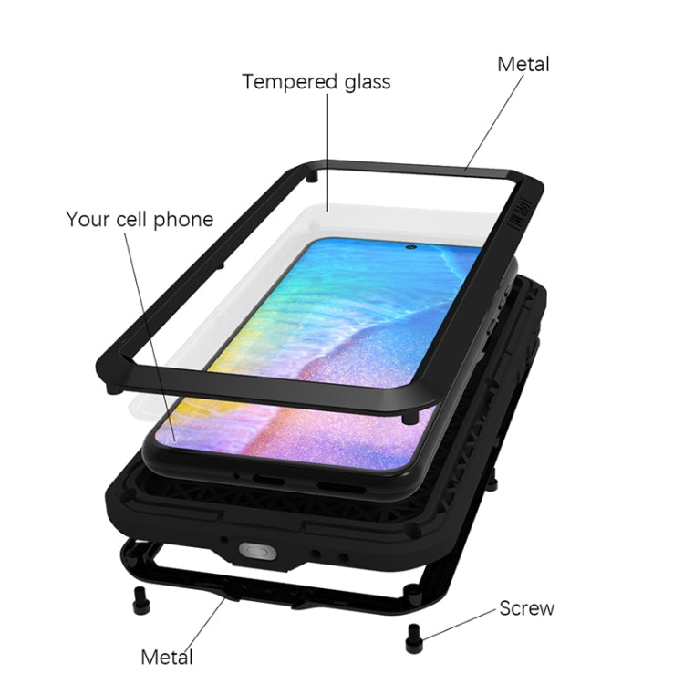 Custodia protettiva antipolvere impermeabile antiurto in metallo LOVE MEI con vetro, For Huawei P50, For Samsung Galaxy S21 FE