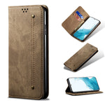Custodia portafoglio in pelle con texture denim per Galaxy S22 Ul