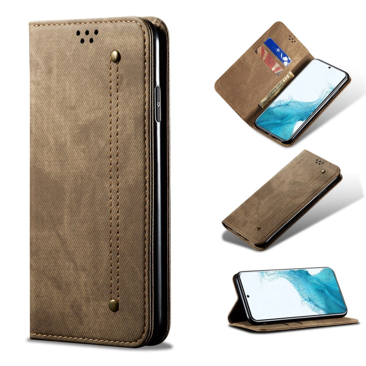 Custodia portafoglio in pelle con texture denim per Galaxy S22 Ul