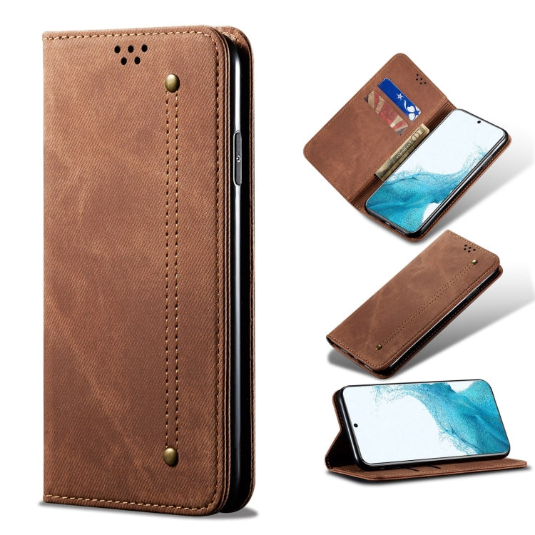 Custodia portafoglio in pelle con texture denim per Galaxy S22 Ul