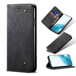 Custodia portafoglio in pelle con texture denim per Galaxy S22 Ul