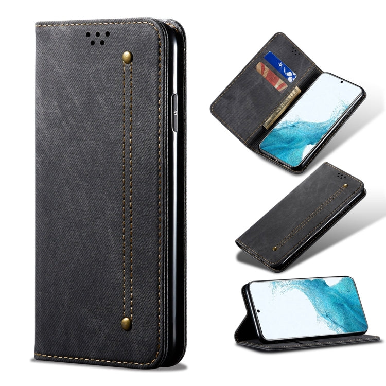 Custodia portafoglio in pelle con texture denim per Galaxy S22 Ul