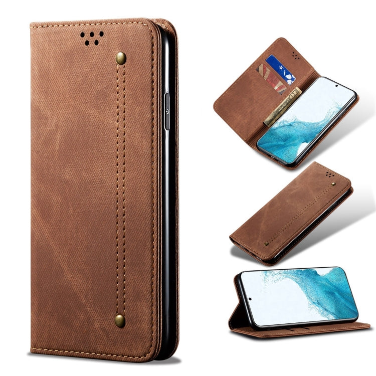 Custodia portafoglio in pelle con texture denim per Galaxy S22 Ul