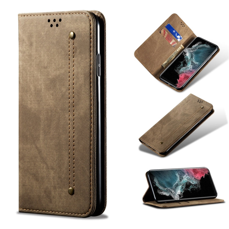 Custodia portafoglio in pelle con texture denim per Galaxy S22 Ul