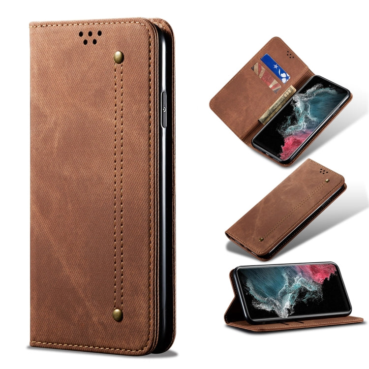 Custodia portafoglio in pelle con texture denim per Galaxy S22 Ul