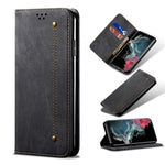 Custodia portafoglio in pelle con texture denim per Galaxy S22 Ul