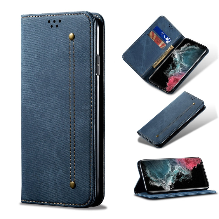 Custodia portafoglio in pelle con texture denim per Galaxy S22 Ul