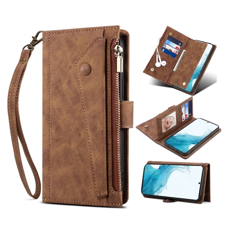 Retro smerigliato custodia per telefono orizzontale in pelle con flip con supporto e slot per schede e portafoglio e tasca con cerniera e cordino, For Samsung Galaxy S22 5G, For Samsung Galaxy S22+ 5G, For Samsung Galaxy S22 Ultra 5G