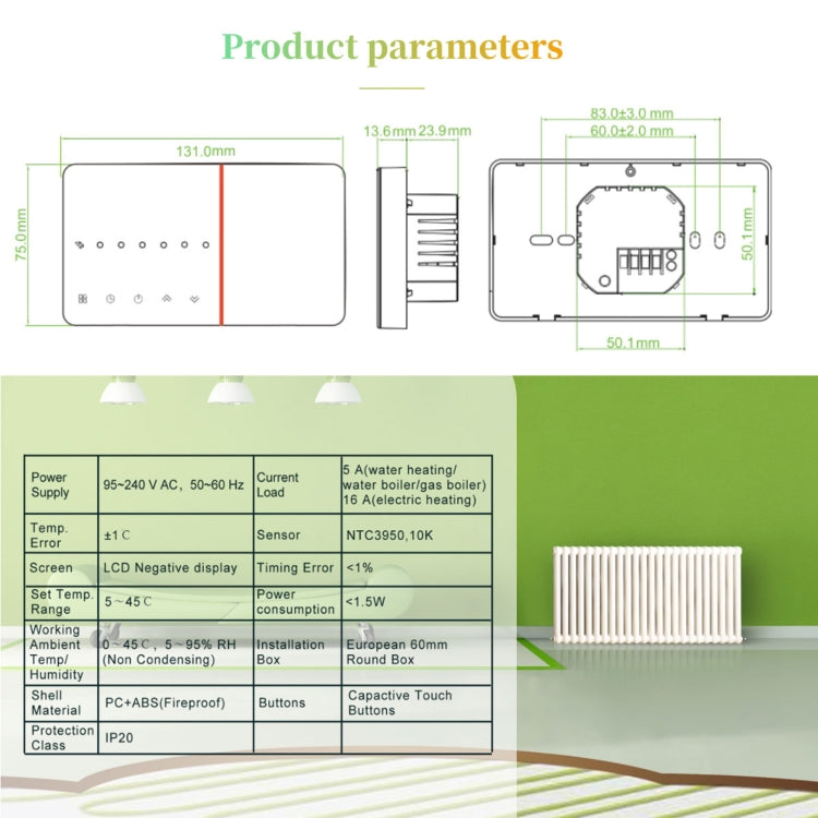 BHT-005-GA Termostato per riscaldamento domestico intelligente 220 V CA 3 A per scatola UE, controllo del riscaldamento dell'acqua con solo sensore interno, BHT-005-GA