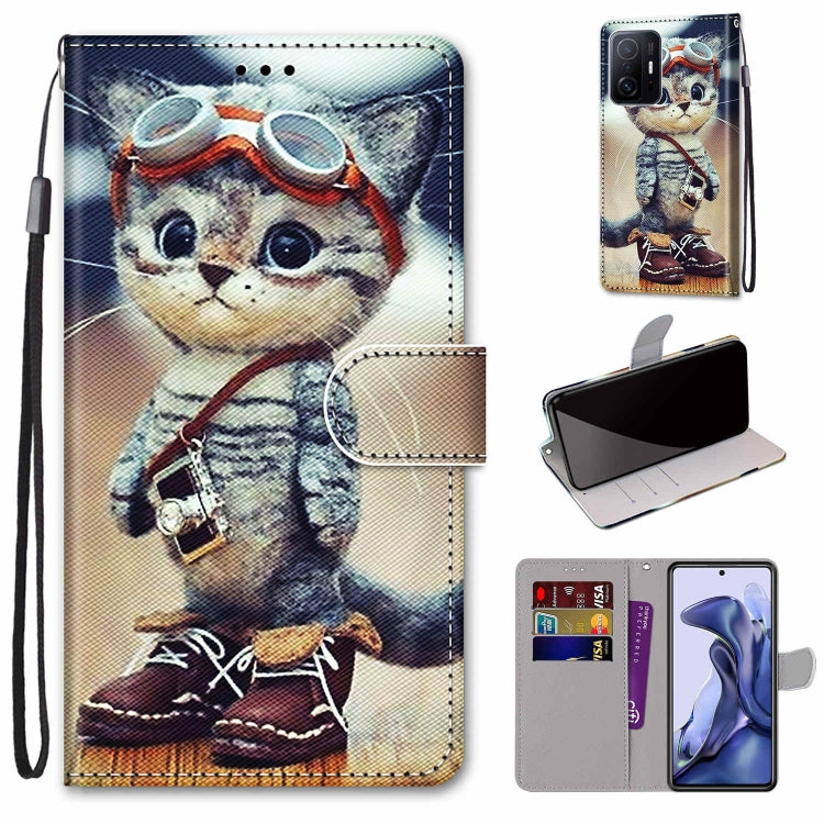 Custodia in pelle per telefono in PU a vibrazione orizzontale con trama a croce colorata con supporto e slot per carte e portafoglio e cordino (strato colorato, For Xiaomi Mi 11T / 11T Pro
