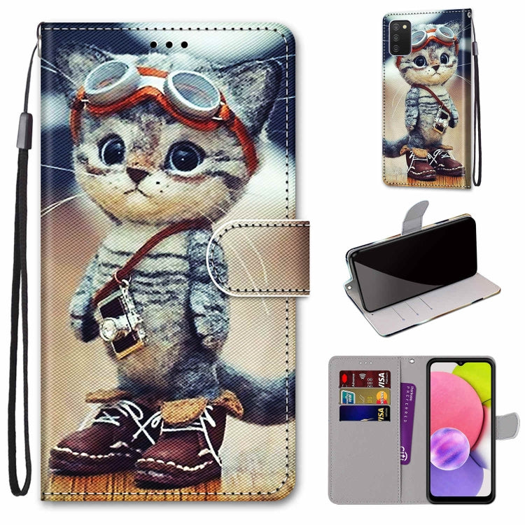 Custodia in pelle per telefono in PU a vibrazione orizzontale con trama a croce colorata con supporto e slot per carte e portafoglio e cordino (strato colorato, For Samsung Galaxy A03s 166mm Version