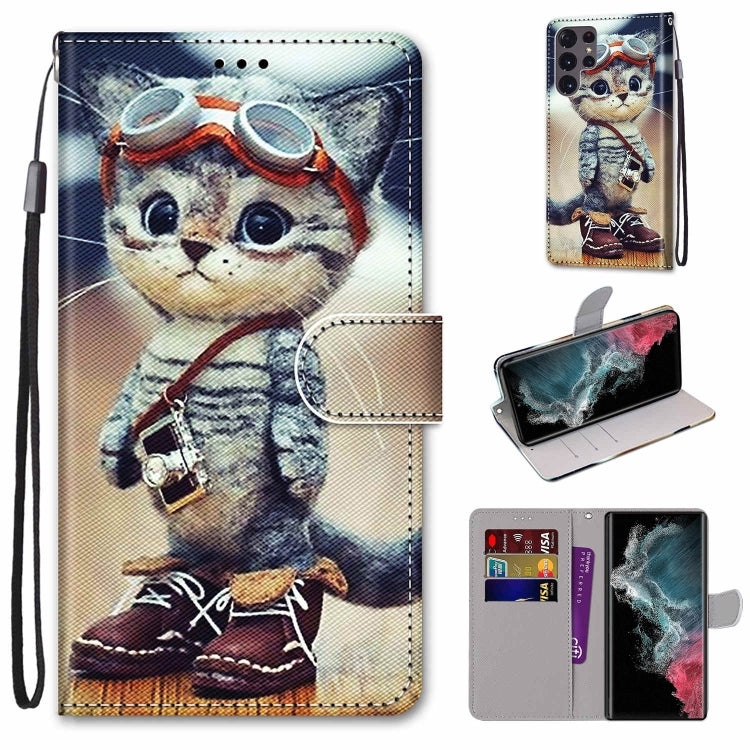 Custodia in pelle per telefono in PU a vibrazione orizzontale con trama a croce colorata con supporto e slot per carte e portafoglio e cordino (strato colorato, For Samsung Galaxy S22 Ultra 5G