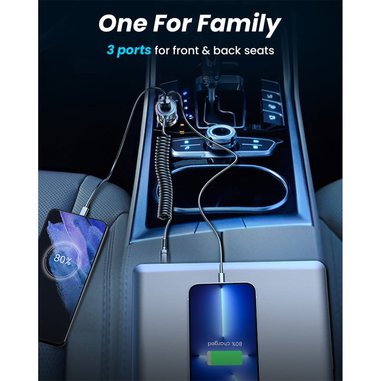JOYROOM JR-CL07 3 in 1 55W PD USB-C / Type-C + Caricatore per auto con interfaccia USB con cavo dati a molla USB-C / Type-C, JR-CL07