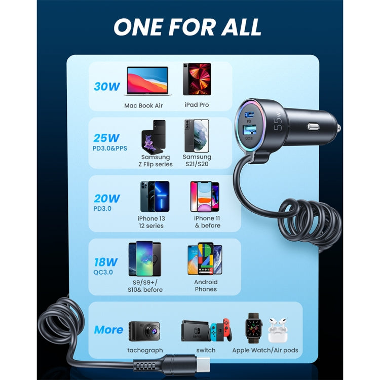 JOYROOM JR-CL07 3 in 1 55W PD USB-C / Type-C + Caricatore per auto con interfaccia USB con cavo dati a molla USB-C / Type-C, JR-CL07
