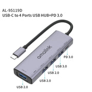 amalink 95119D Type-C / USB-C a 4 porte USB + PD 3.0 Docking station HUB multifunzione, 95119D