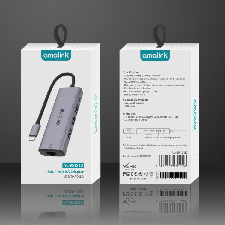 Hub USB-C Amalink 95121D con RJ45 e 3 porte USB