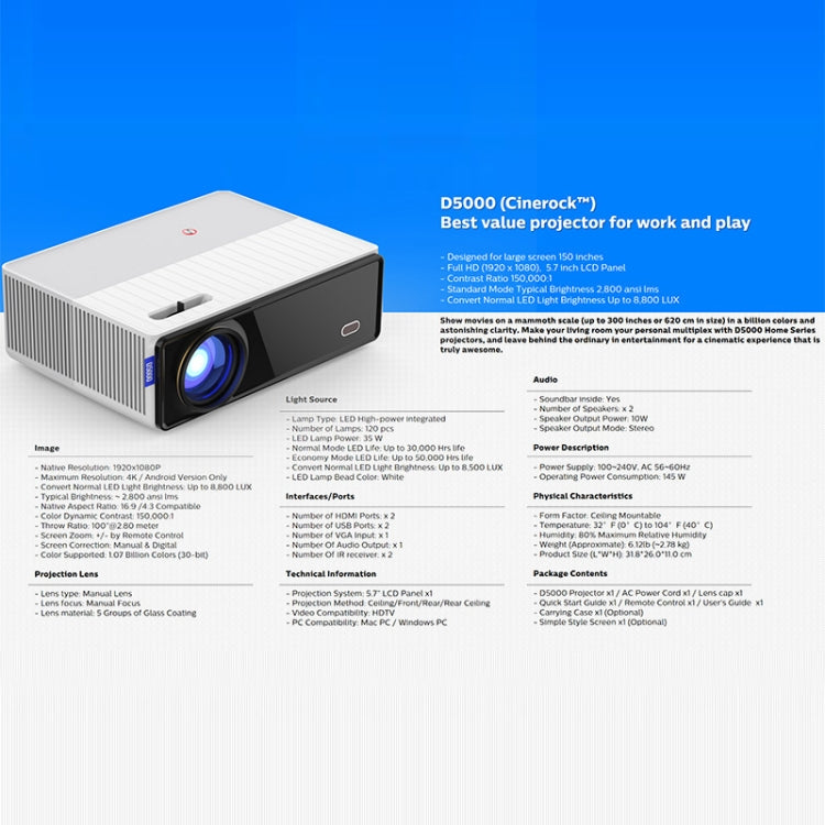 Proiettore digitale D5000 Full HD 1920x1080 6000 lumen