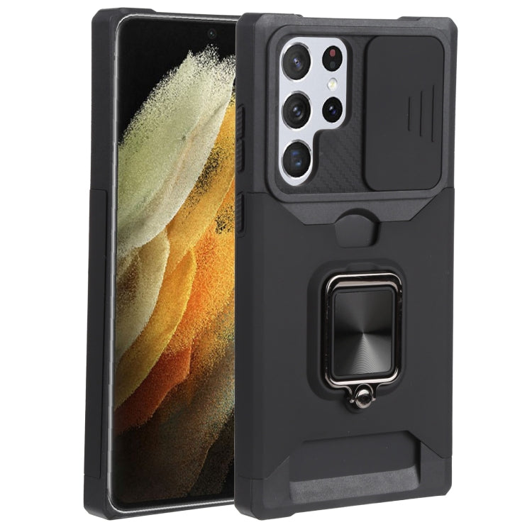 Cover per fotocamera scorrevole Design Custodia per telefono antiurto per PC + TPU con supporto per anello e slot per schede, For Samsung Galaxy S22 Ultra 5G
