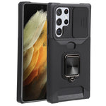 Cover per fotocamera scorrevole Design Custodia per telefono antiurto per PC + TPU con supporto per anello e slot per schede, For Samsung Galaxy S22 Ultra 5G