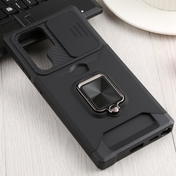 Cover per fotocamera scorrevole Design Custodia per telefono antiurto per PC + TPU con supporto per anello e slot per schede, For Samsung Galaxy S22 Ultra 5G
