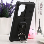 Cover per fotocamera scorrevole Design Custodia per telefono antiurto per PC + TPU con supporto per anello e slot per schede, For Samsung Galaxy S22 Ultra 5G