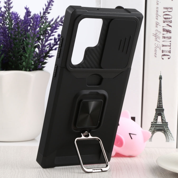 Cover per fotocamera scorrevole Design Custodia per telefono antiurto per PC + TPU con supporto per anello e slot per schede, For Samsung Galaxy S22 Ultra 5G