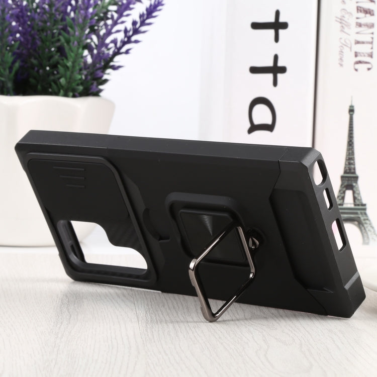 Cover per fotocamera scorrevole Design Custodia per telefono antiurto per PC + TPU con supporto per anello e slot per schede, For Samsung Galaxy S22 Ultra 5G