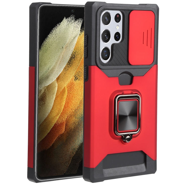Cover per fotocamera scorrevole Design Custodia per telefono antiurto per PC + TPU con supporto per anello e slot per schede, For Samsung Galaxy S22 Ultra 5G