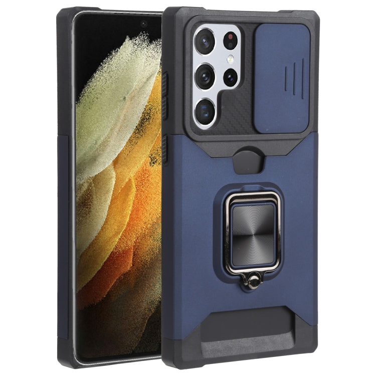 Cover per fotocamera scorrevole Design Custodia per telefono antiurto per PC + TPU con supporto per anello e slot per schede, For Samsung Galaxy S22 Ultra 5G