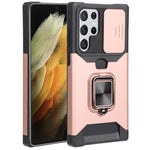 Cover per fotocamera scorrevole Design Custodia per telefono antiurto per PC + TPU con supporto per anello e slot per schede, For Samsung Galaxy S22 Ultra 5G