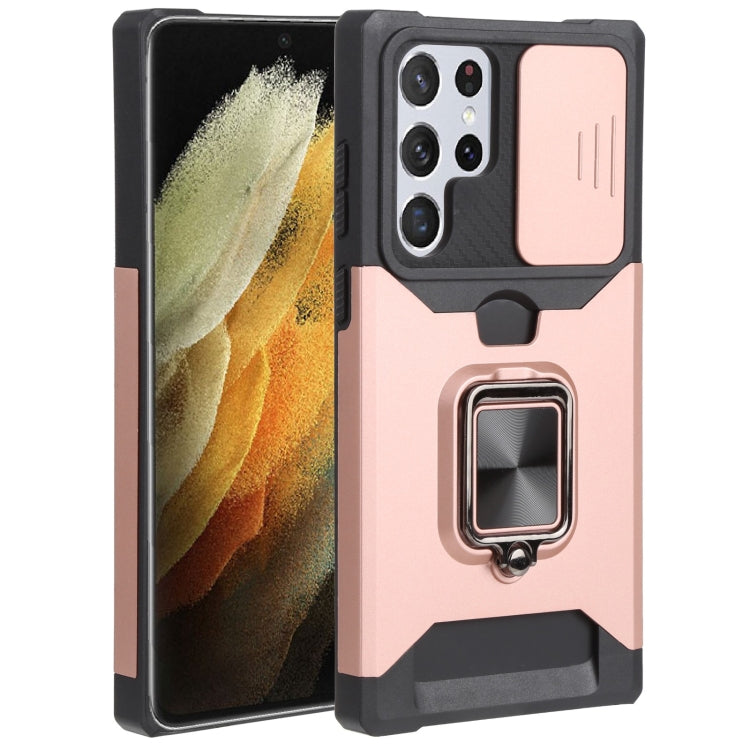 Cover per fotocamera scorrevole Design Custodia per telefono antiurto per PC + TPU con supporto per anello e slot per schede, For Samsung Galaxy S22 Ultra 5G
